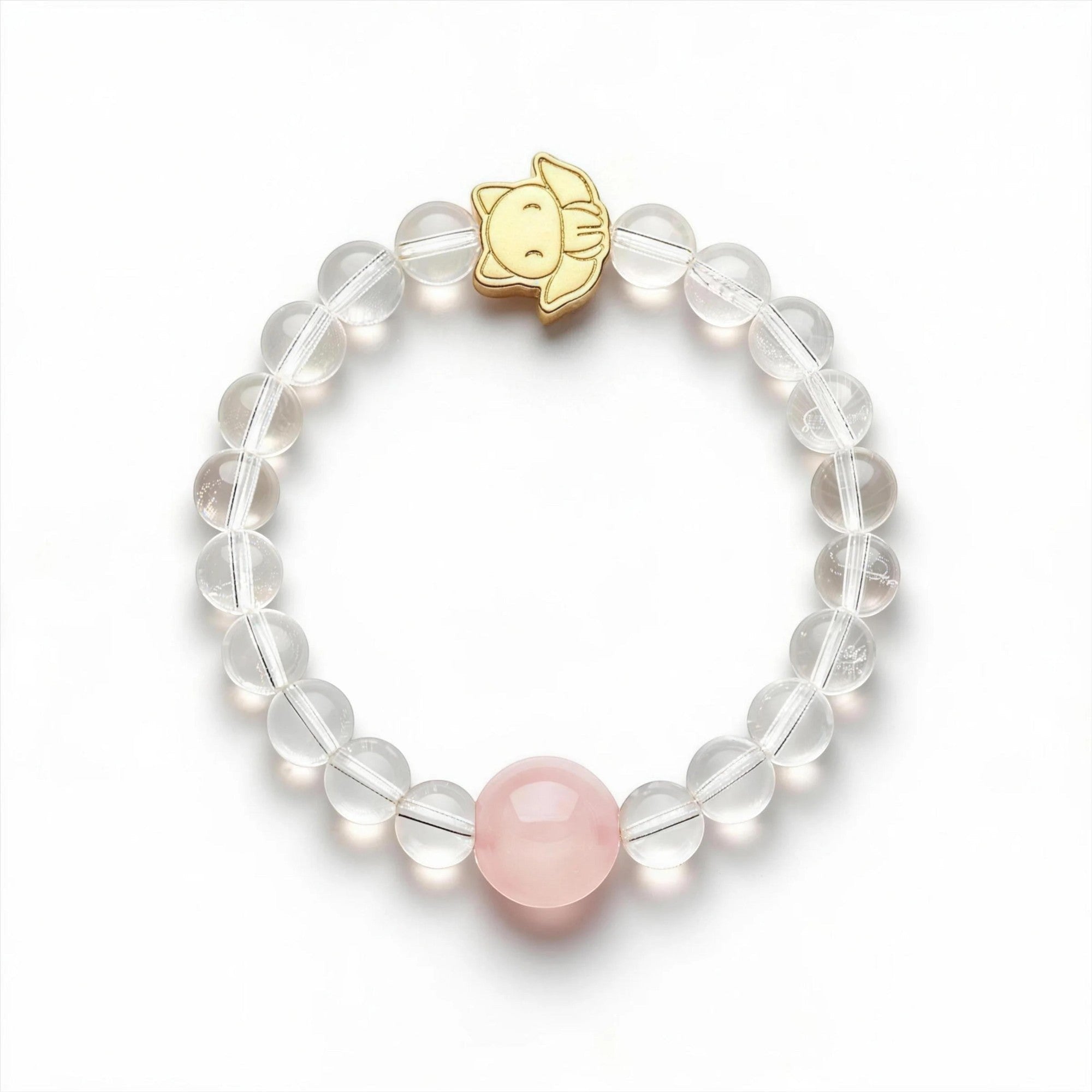 Orbii clear quartz crystal bead bracelet with a gold NFC charm and a single pink rose quartz accent bead.